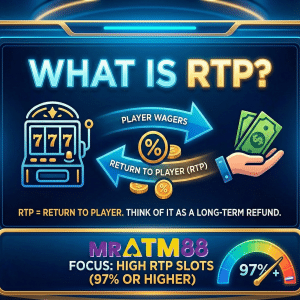 Graphic explaining What is RTP? MRATM88 focus on High RTP Slots (97% or higher) for players using the link free credit no deposit terbaru to maximize winning potential.